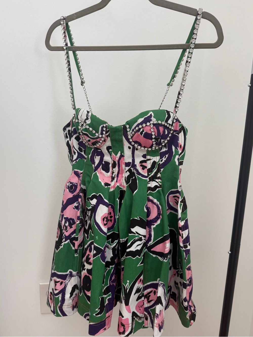 AREA Green Floral Bustier Mini Dress with Rhinestone Straps
